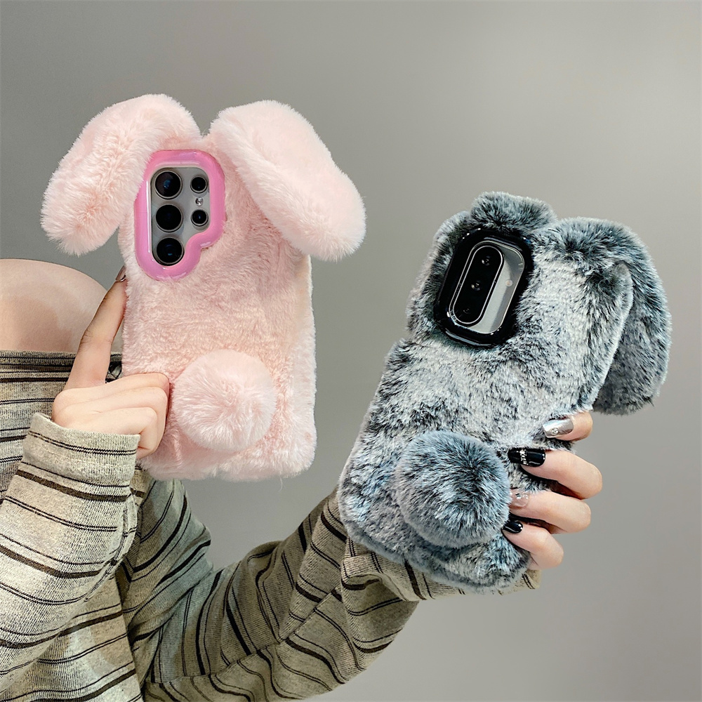 Cute Rabbit Ears Fluffy Stand  - Phone Cases With Camera Cover 评论和价格