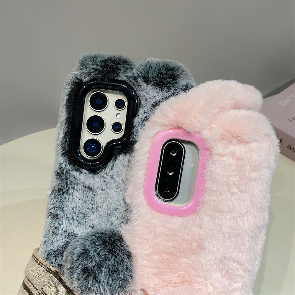 Cute Rabbit Ears Fluffy Stand  - Phone Cases With Camera Cover 评论和价格